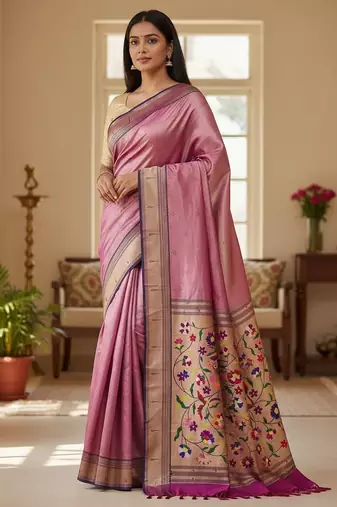 purple color soft art silk paithani zari tassels saree with unstiched blouse