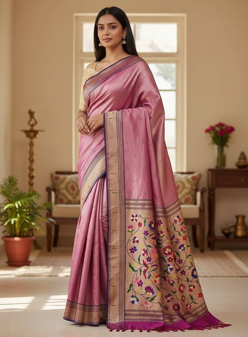 purple color soft art silk paithani zari tassels saree with unstiched blouse