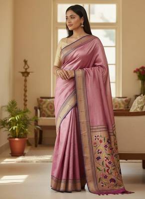 purple color soft art silk paithani zari tassels saree with unstiched blouse 2