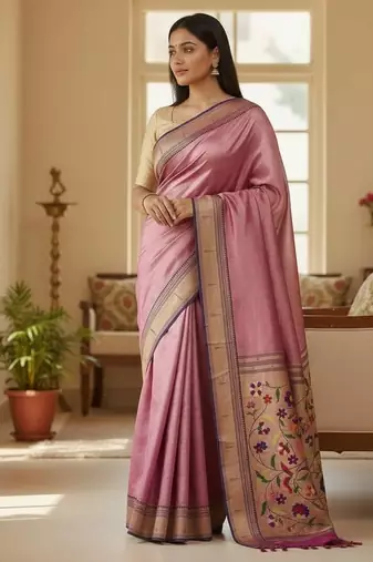 purple color soft art silk paithani zari tassels saree with unstiched blouse