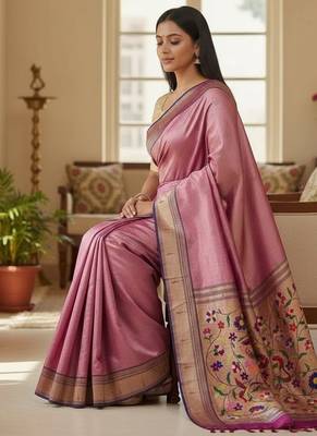 purple color soft art silk paithani zari tassels saree with unstiched blouse 3