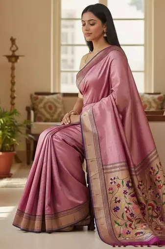 purple color soft art silk paithani zari tassels saree with unstiched blouse
