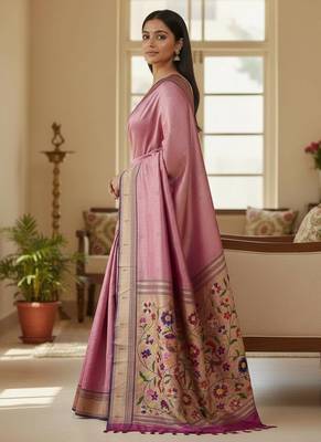 purple color soft art silk paithani zari tassels saree with unstiched blouse 4