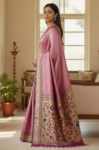 purple color soft art silk paithani zari tassels saree with unstiched blouse