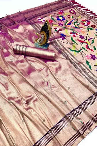 purple color soft art silk paithani zari tassels saree with unstiched blouse