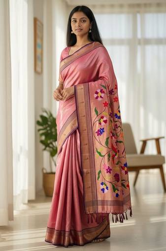 pink color soft art silk paithani zari tassels saree with unstiched blouse
