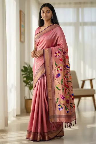 pink color soft art silk paithani zari tassels saree with unstiched blouse