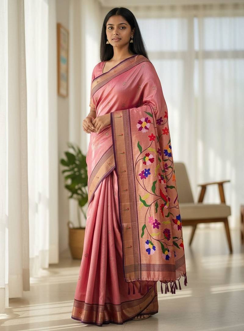pink color soft art silk paithani zari tassels saree with unstiched blouse