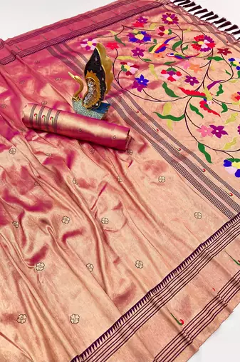 pink color soft art silk paithani zari tassels saree with unstiched blouse