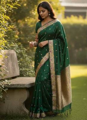 green color meenakari zari weaving soft art silk saree with unstiched blouse  2