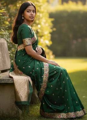 green color meenakari zari weaving soft art silk saree with unstiched blouse  3