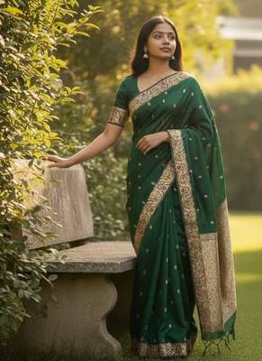 green color meenakari zari weaving soft art silk saree with unstiched blouse  4