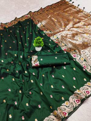 green color meenakari zari weaving soft art silk saree with unstiched blouse  5