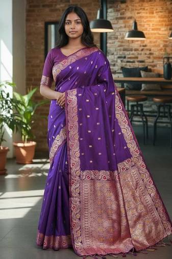 purple color meenakari zari weaving soft art silk saree with unstiched blouse 