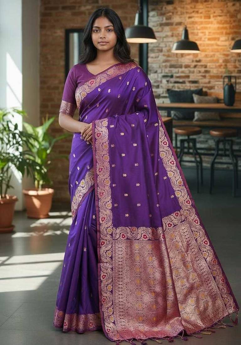 purple color meenakari zari weaving soft art silk saree with unstiched blouse 