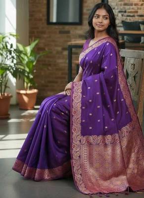 purple color meenakari zari weaving soft art silk saree with unstiched blouse  2