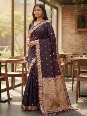 plum color meenakari zari weaving soft art silk saree with unstiched blouse  1