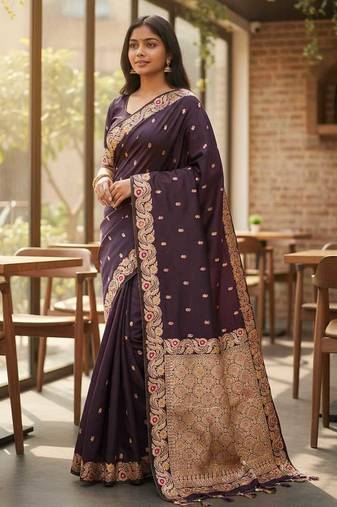 plum color meenakari zari weaving soft art silk saree with unstiched blouse 