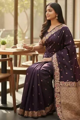 plum color meenakari zari weaving soft art silk saree with unstiched blouse 