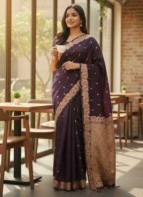 plum color meenakari zari weaving soft art silk saree with unstiched blouse  3