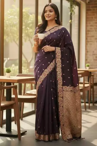 plum color meenakari zari weaving soft art silk saree with unstiched blouse 