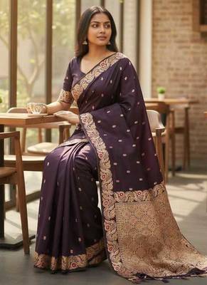 plum color meenakari zari weaving soft art silk saree with unstiched blouse  4