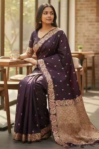 plum color meenakari zari weaving soft art silk saree with unstiched blouse 