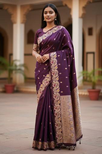 dark purple color meenakari zari weaving soft art silk saree with unstiched blouse 