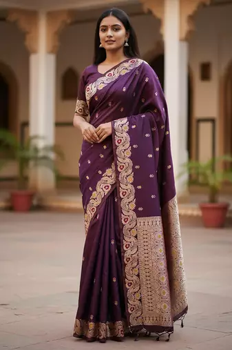 dark purple color meenakari zari weaving soft art silk saree with unstiched blouse 