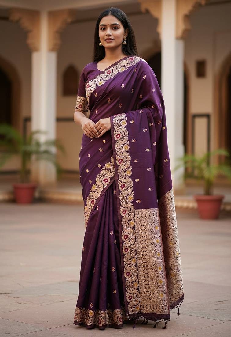 dark purple color meenakari zari weaving soft art silk saree with unstiched blouse 
