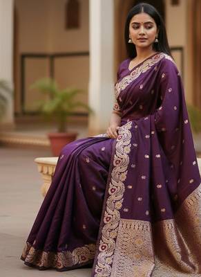 dark purple color meenakari zari weaving soft art silk saree with unstiched blouse  2