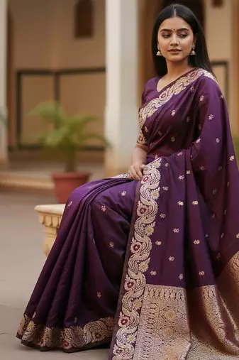 dark purple color meenakari zari weaving soft art silk saree with unstiched blouse 