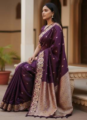 dark purple color meenakari zari weaving soft art silk saree with unstiched blouse  3