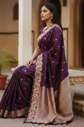 dark purple color meenakari zari weaving soft art silk saree with unstiched blouse 