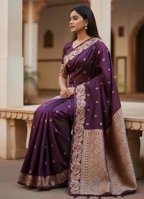 dark purple color meenakari zari weaving soft art silk saree with unstiched blouse  4