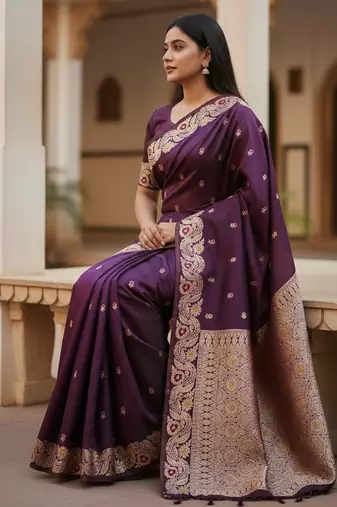 dark purple color meenakari zari weaving soft art silk saree with unstiched blouse 