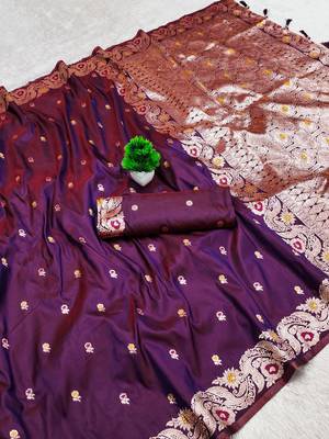 dark purple color meenakari zari weaving soft art silk saree with unstiched blouse  5