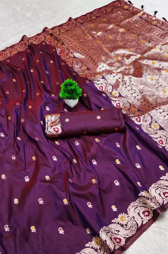 dark purple color meenakari zari weaving soft art silk saree with unstiched blouse 