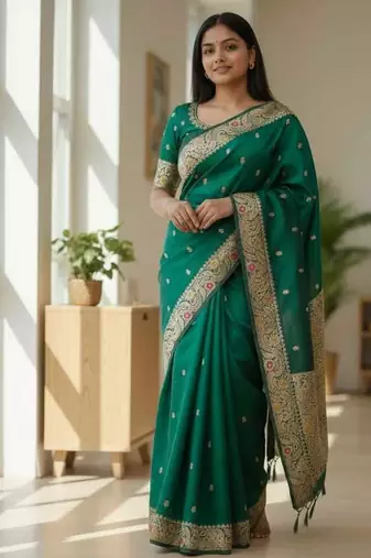 dark green color meenakari zari weaving soft art silk saree with unstiched blouse 