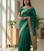 dark green color meenakari zari weaving soft art silk saree with unstiched blouse 