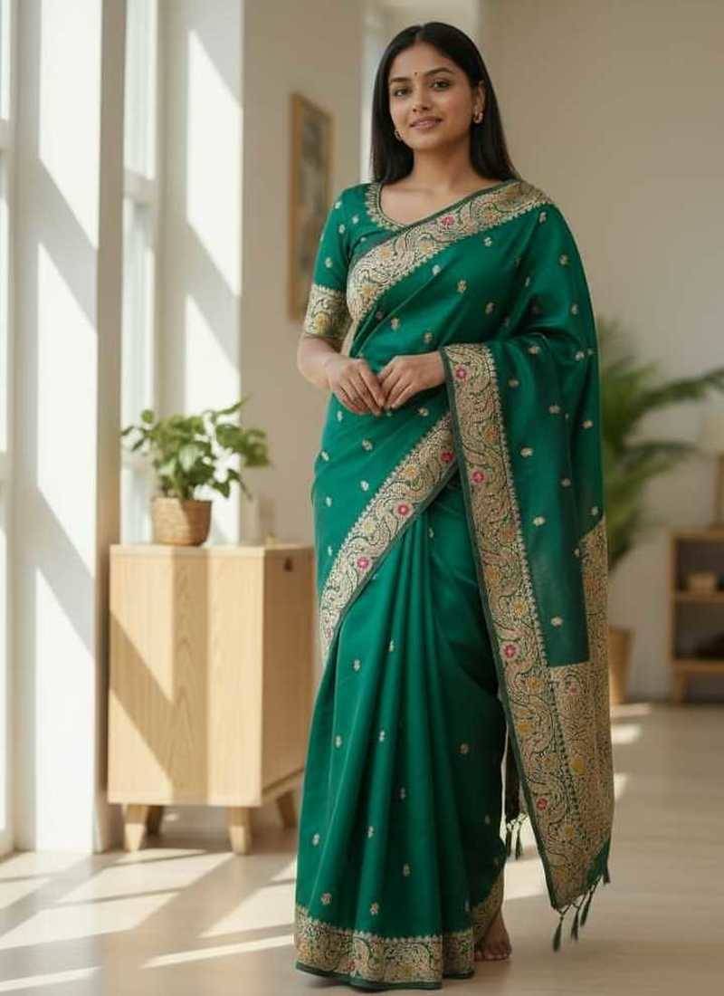 dark green color meenakari zari weaving soft art silk saree with unstiched blouse 