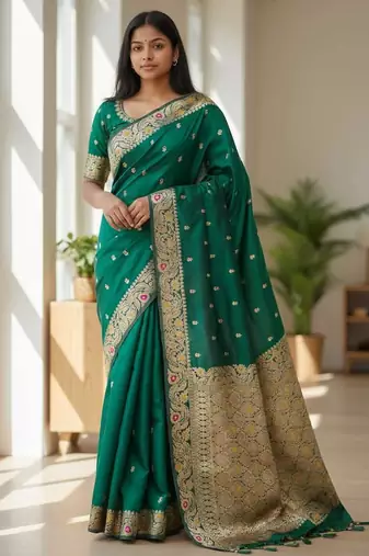 dark green color meenakari zari weaving soft art silk saree with unstiched blouse 