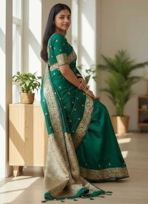 dark green color meenakari zari weaving soft art silk saree with unstiched blouse  3