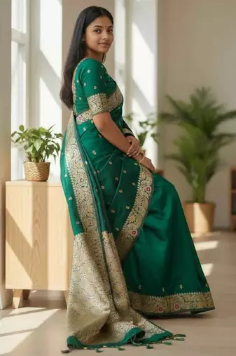 dark green color meenakari zari weaving soft art silk saree with unstiched blouse 