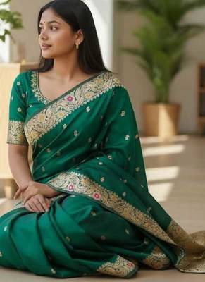 dark green color meenakari zari weaving soft art silk saree with unstiched blouse  4