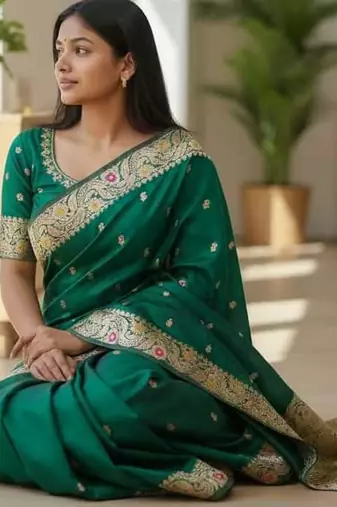 dark green color meenakari zari weaving soft art silk saree with unstiched blouse 