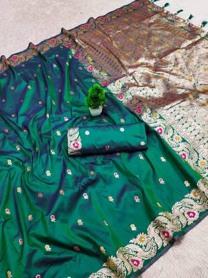 dark green color meenakari zari weaving soft art silk saree with unstiched blouse  5