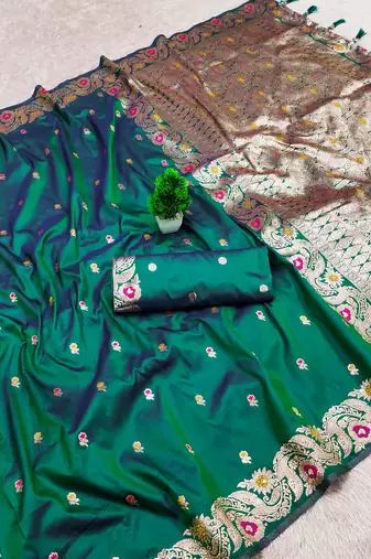 dark green color meenakari zari weaving soft art silk saree with unstiched blouse 