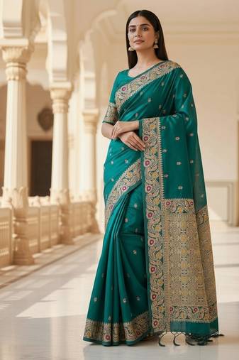 teal color meenakari zari weaving soft art silk saree with unstiched blouse 