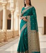 teal color meenakari zari weaving soft art silk saree with unstiched blouse 